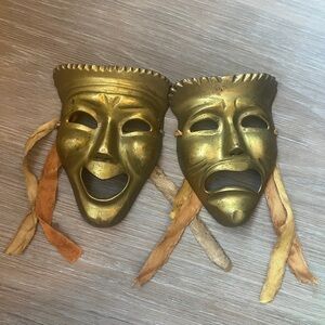 Vintage Brass Comedy & Tragedy Theater Masks Wall Decor Pair made in India
